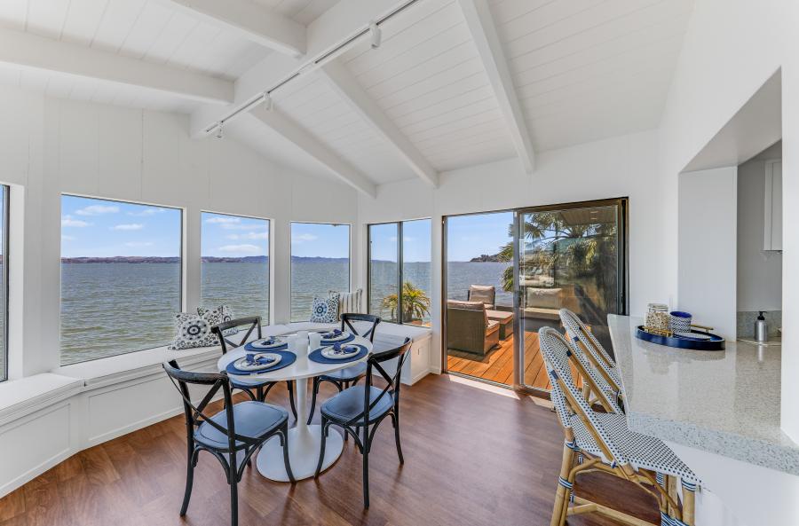 casual dining area with view of bay
